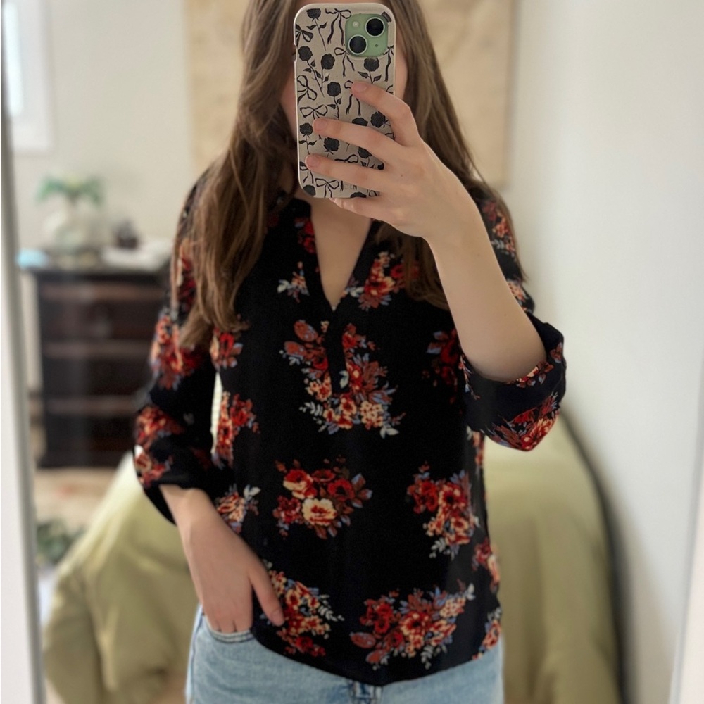 Daniel Rainn Black Top with Red Floral Design